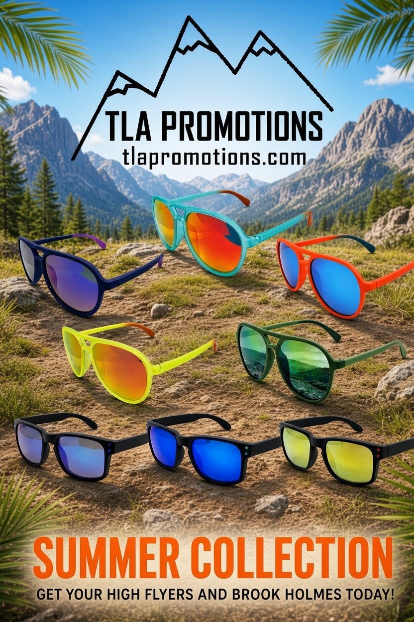 TLA Promotions summer sunglasses collection displayed in mountain landscape with colorful frames and mirror lenses