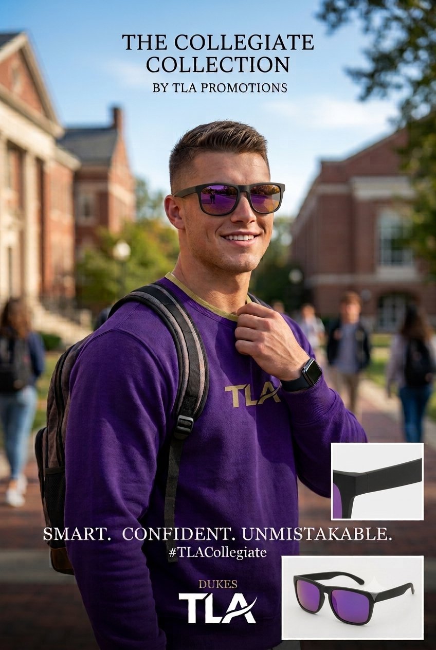 Smiling male college student wearing purple TLA sunglasses and a purple hoodie on campus, promoting The Collegiate Collection
