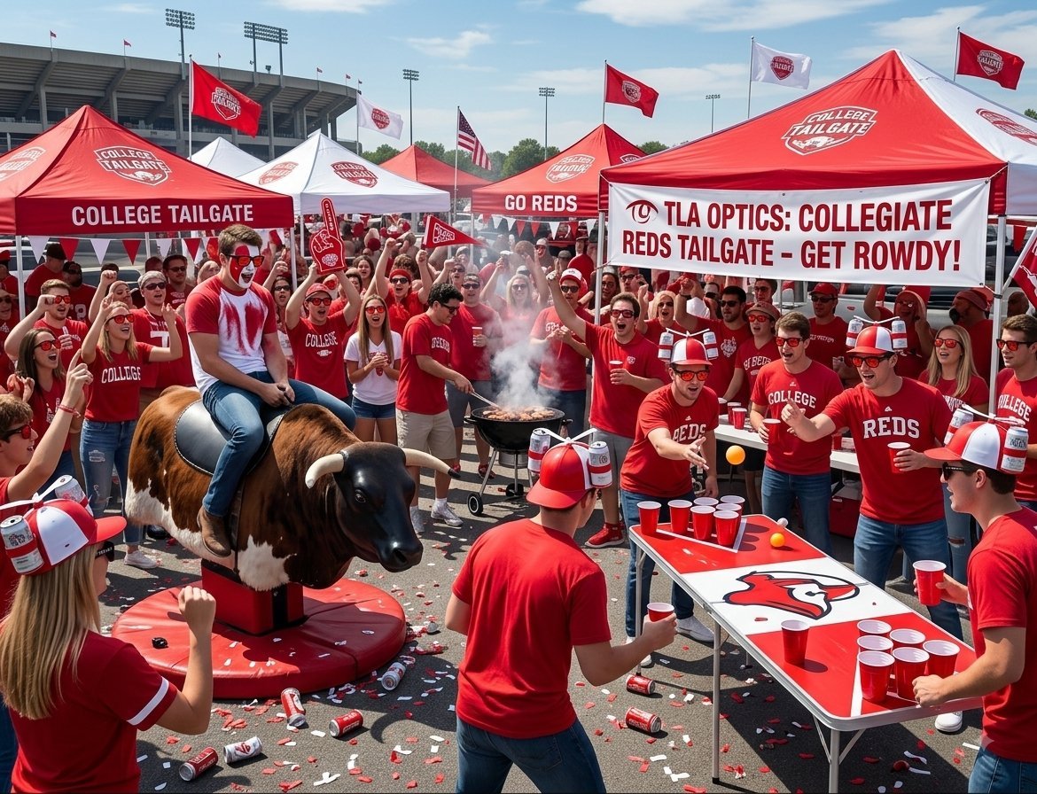 Large crowd of Cincinnati Reds fans in red clothing at a college tailgate event with red tents and promotional signage