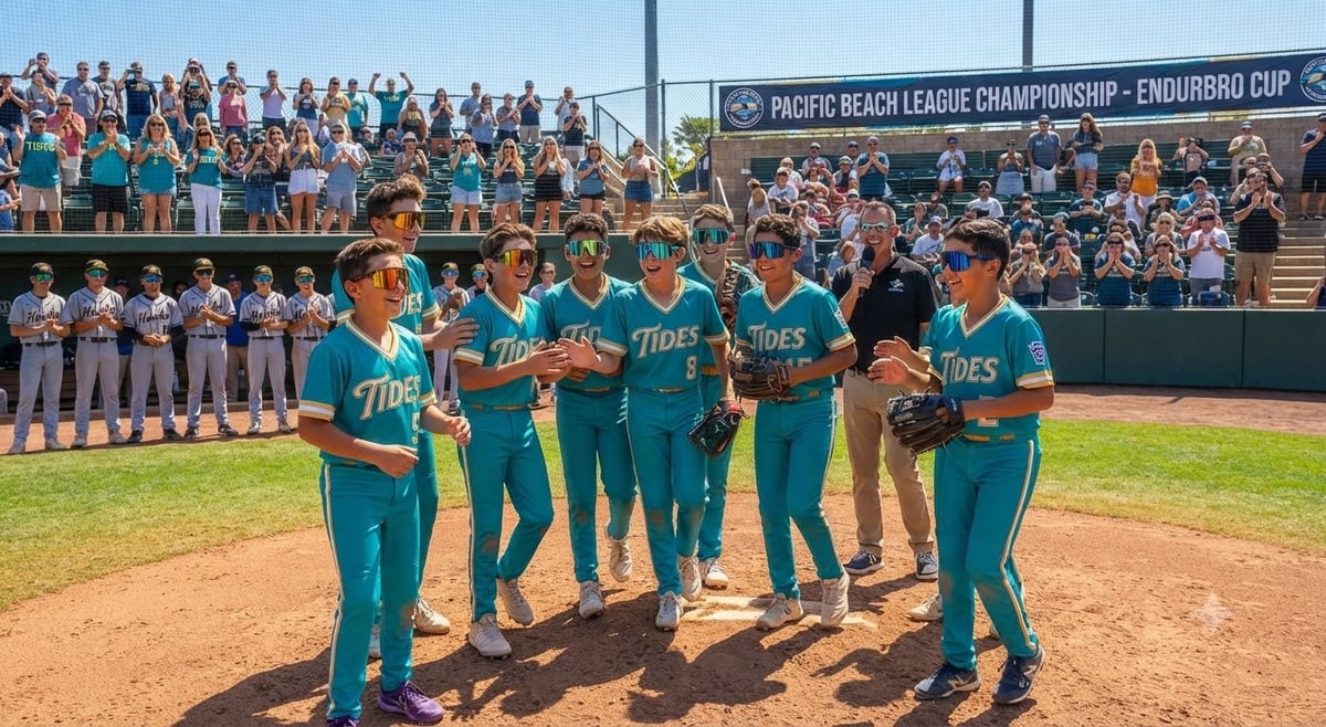Baseball team in teal uniforms gathered on the field before a crowded stadium during the Pacific Beach League Championship Endoburo Cup