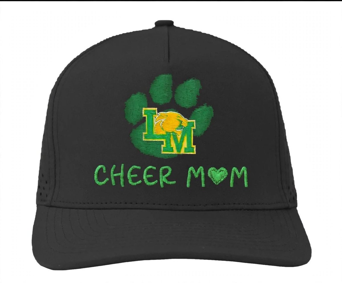 Black baseball cap with green paw print logo and CHEER MOM text in yellow and green
