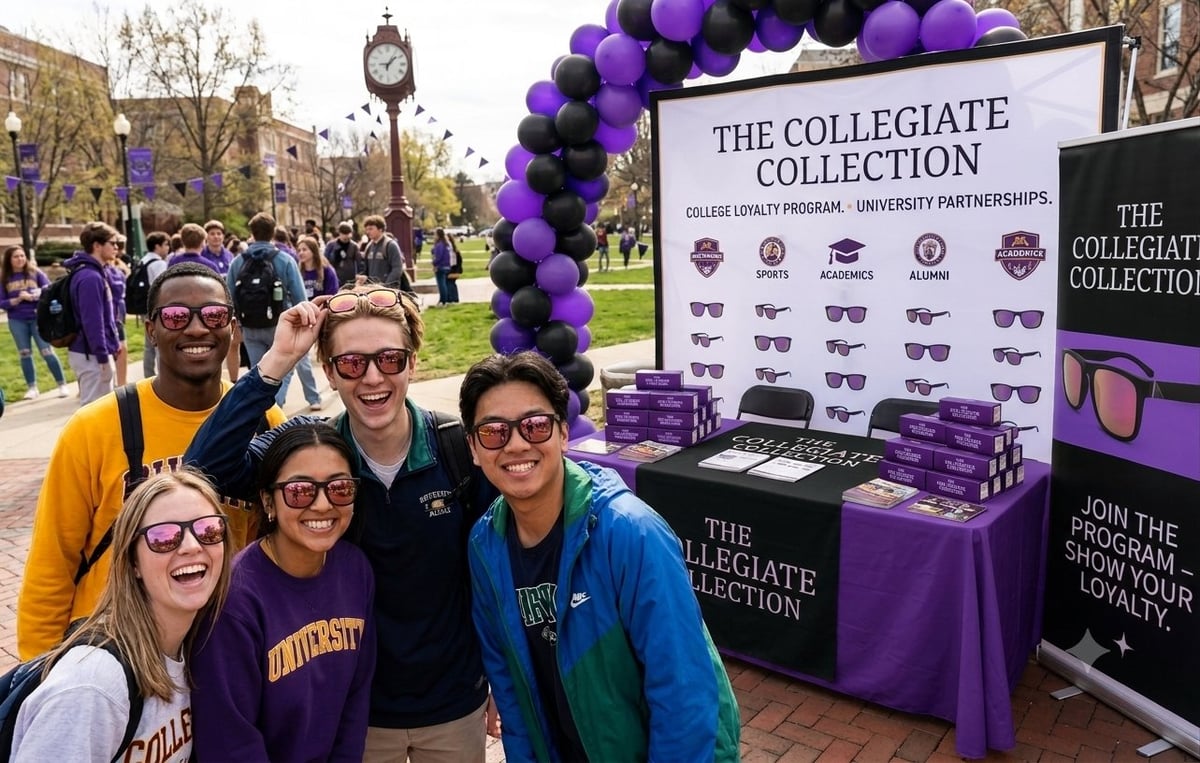 Group of people wearing glasses at a college merchandise booth with purple balloons and signage at an outdoor campus event