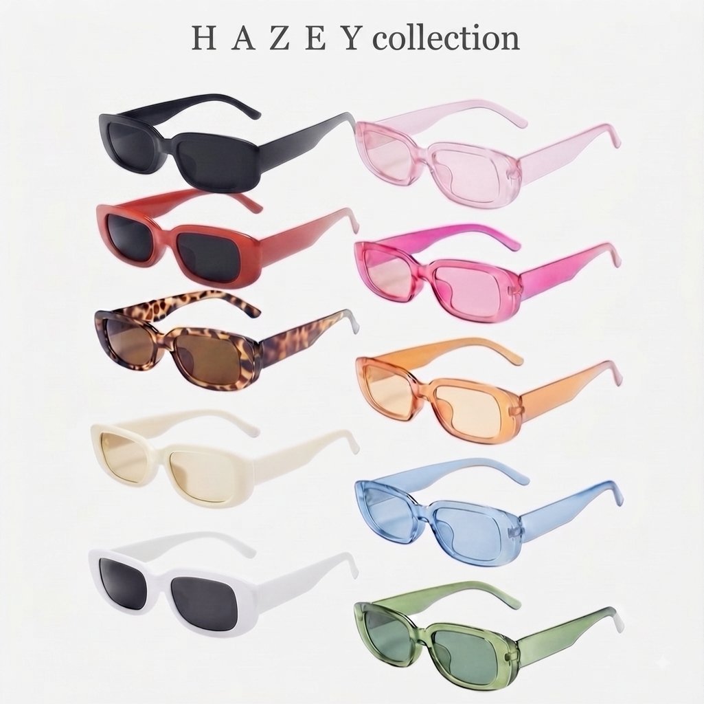 HAZEY collection of colorful rectangular sunglasses in various colors including black, pink, coral, leopard, cream, white, blue, and green