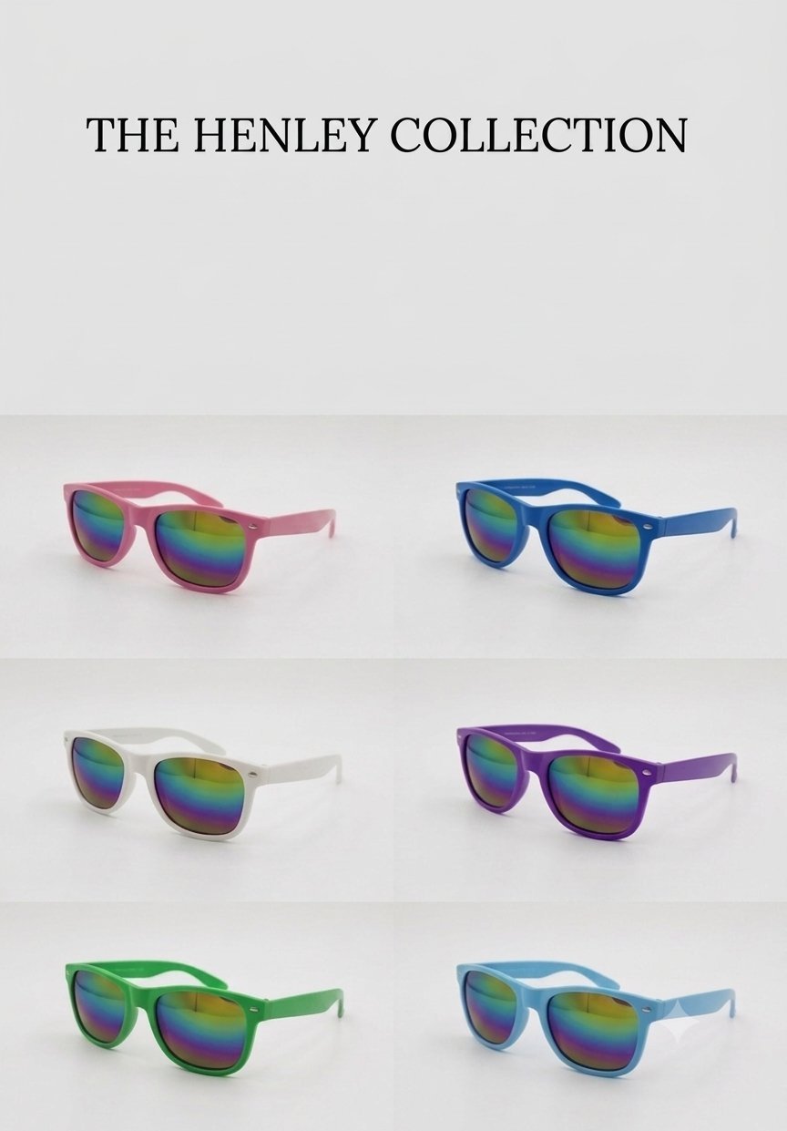 Six colorful rainbow-tinted sunglasses from The Henley Collection in pink, blue, white, purple, green, and light blue arranged in a grid by TLA Promotions