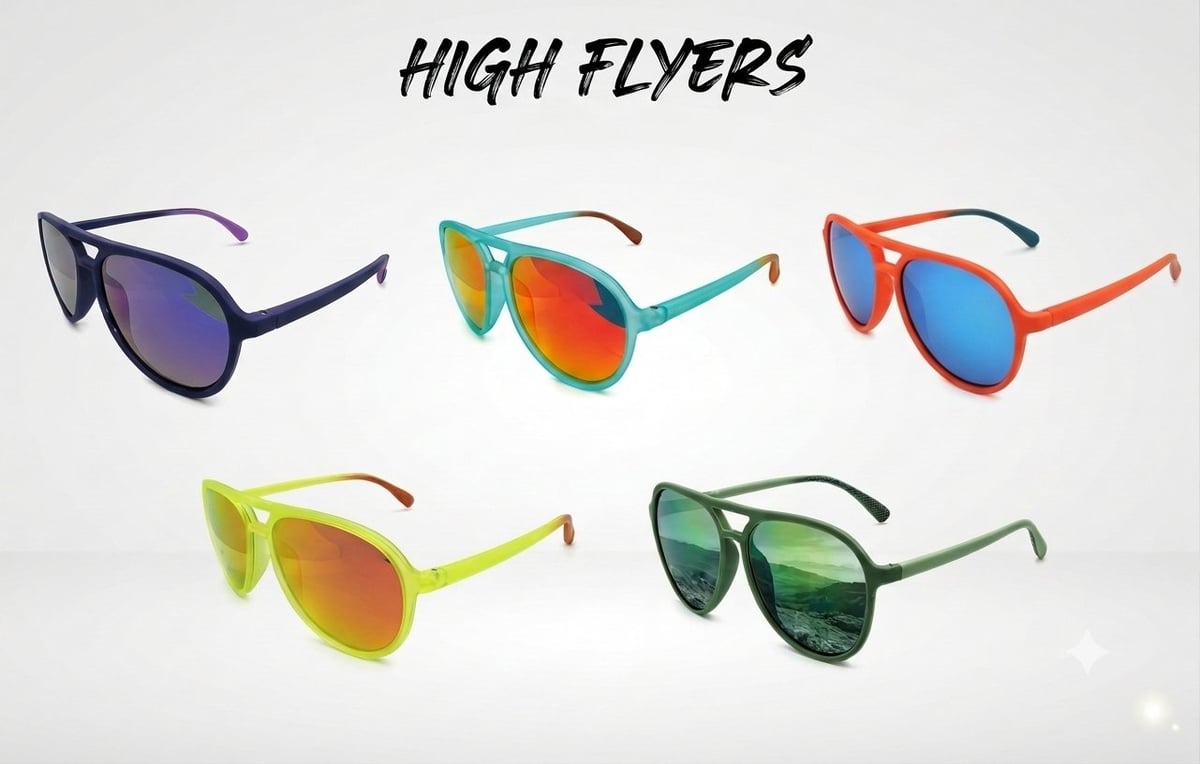 Collection of five colorful aviator sunglasses labeled High Flyers, featuring mirrored and gradient lenses in purple, rainbow, blue, yellow, and green by TLA Promotions