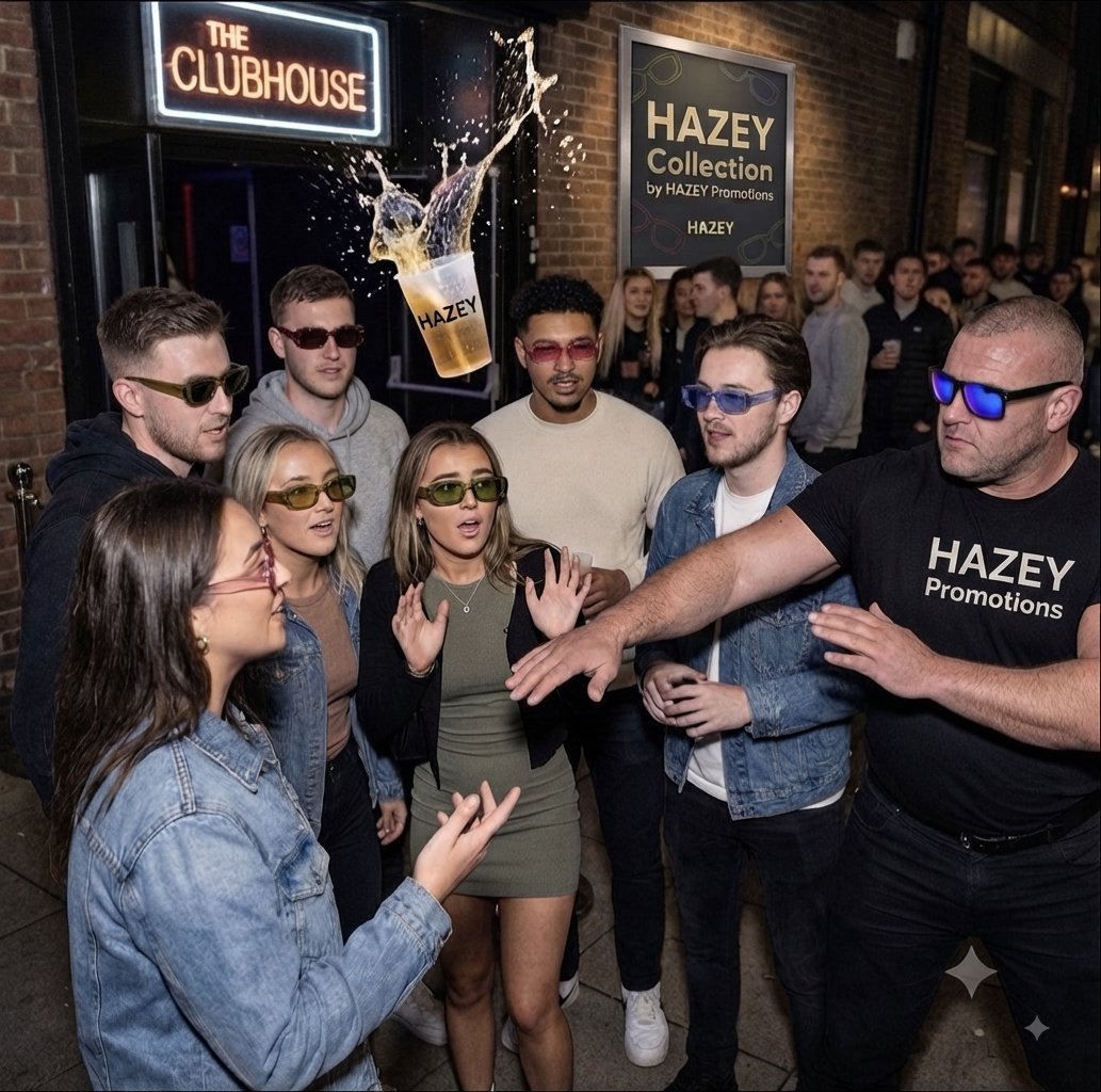 Group of people at night outside The Clubhouse venue, many wearing sunglasses, with beer splashing overhead at what appears to be a HAZEY Promotions event.