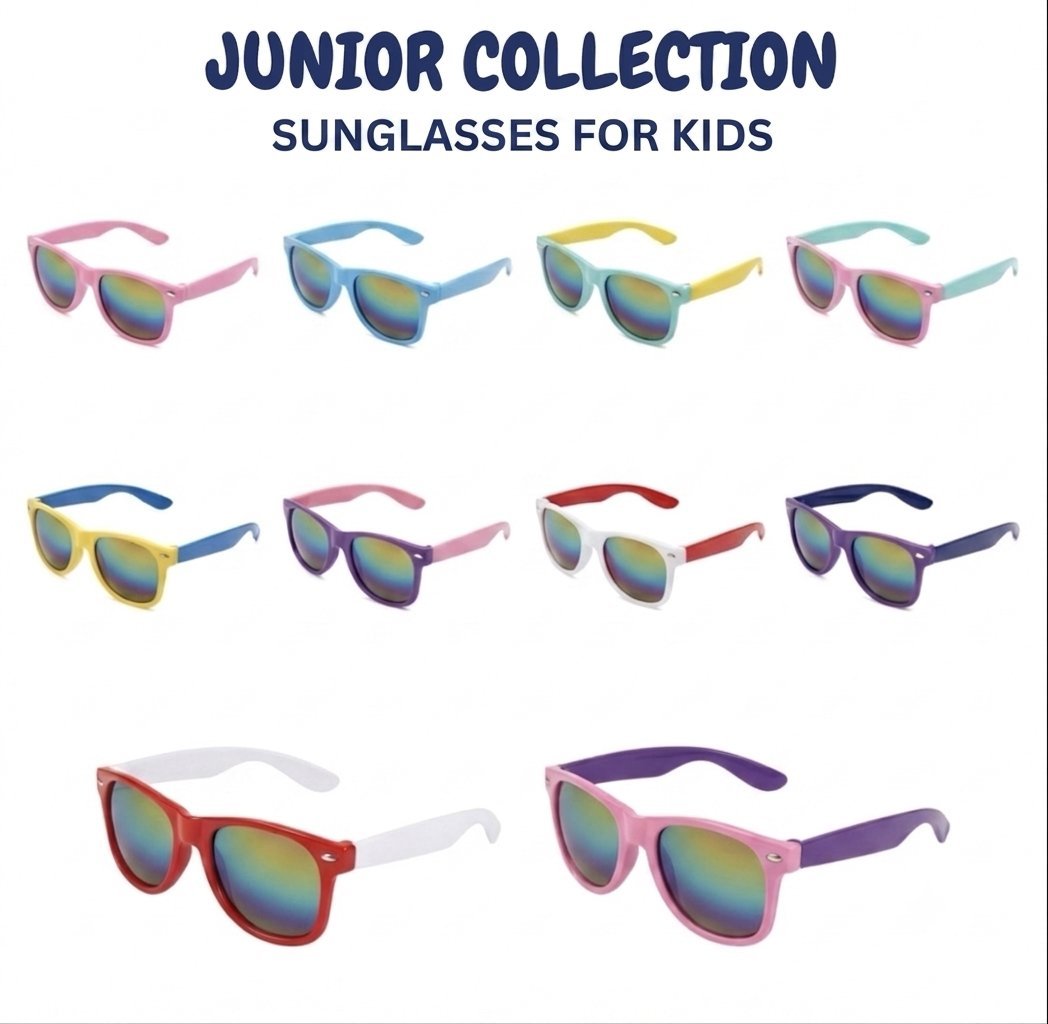 Junior Collection sunglasses for kids featuring ten colorful styles with rainbow gradient lenses in various frame colors including pink, blue, yellow, mint, and purple by TLA Promotions