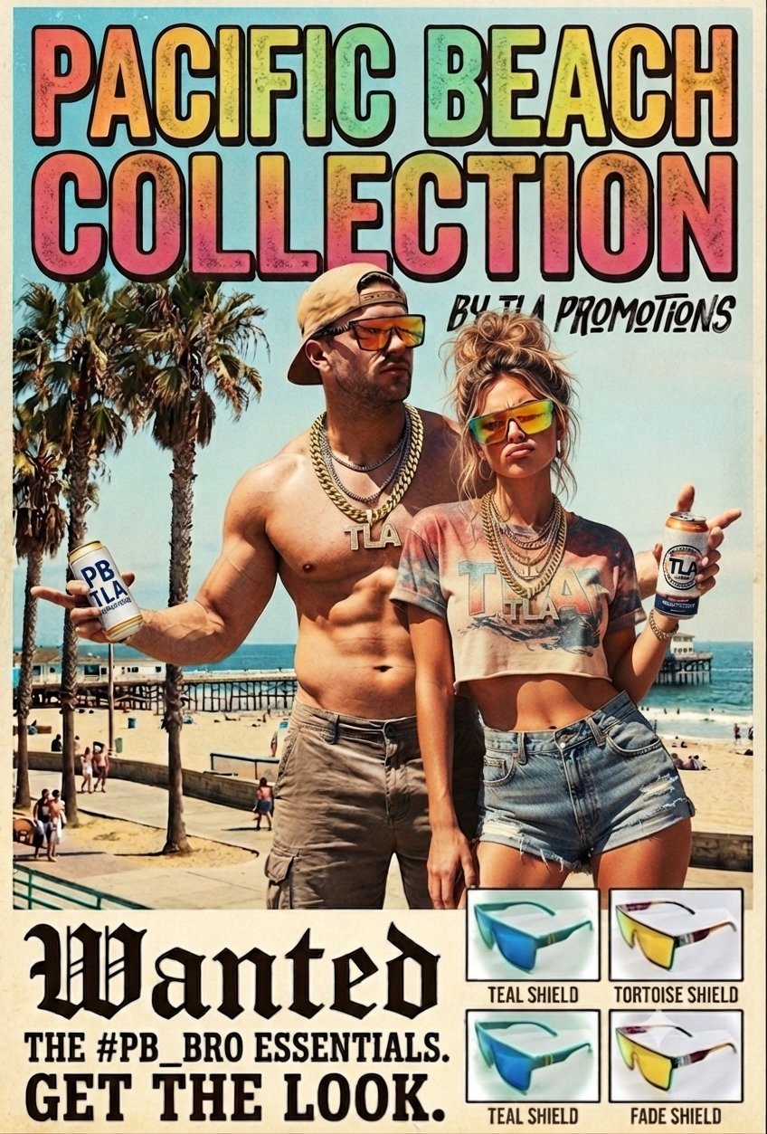 Pacific Beach Collection promotional poster featuring two people in beachwear with sunglasses displayed below, advertising #PB_Bro Essentials