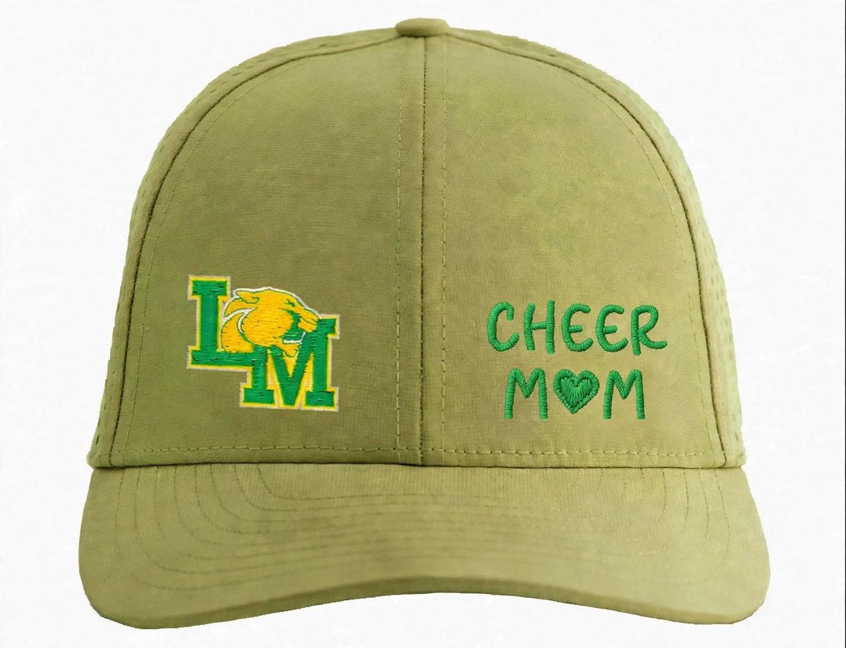 Olive green baseball cap with LM logo and yellow eagle emblem on front, CHEER MOM text embroidered in green on side