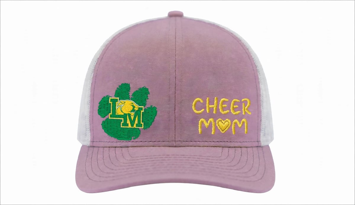 Mauve and gray adjustable trucker cap with green cheerleading logo and yellow Cheer Mom text with heart