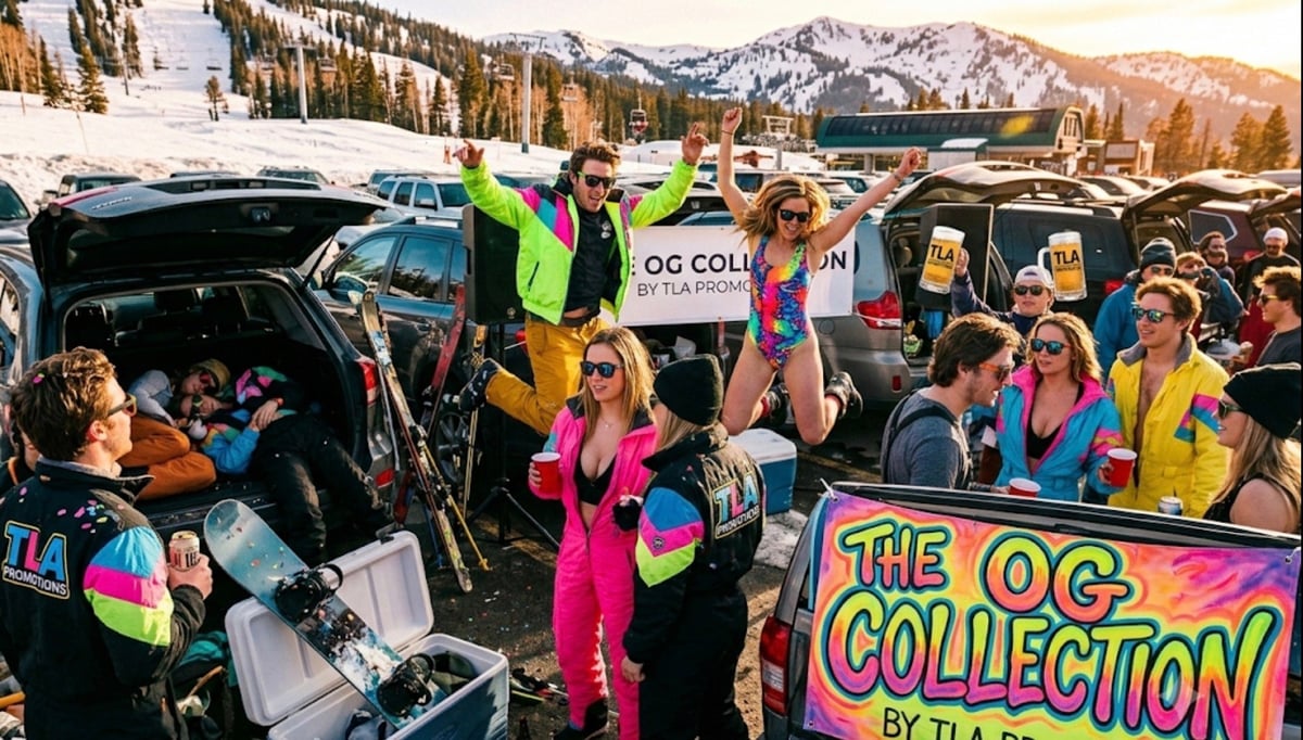 Colorful car meet with performers in neon vests showcasing modified vehicles and merchandise, featuring The OG Collection by TLA Promotions