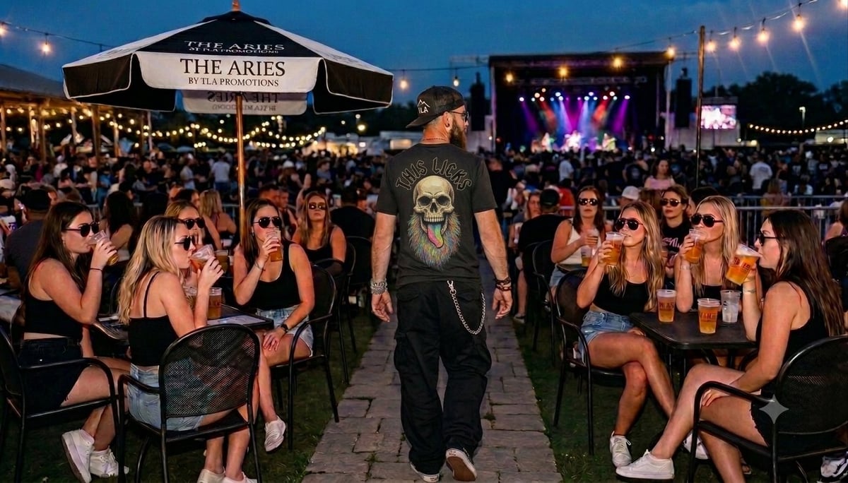 Man wearing skeleton mask and black outfit walks through crowd at outdoor music festival at night
