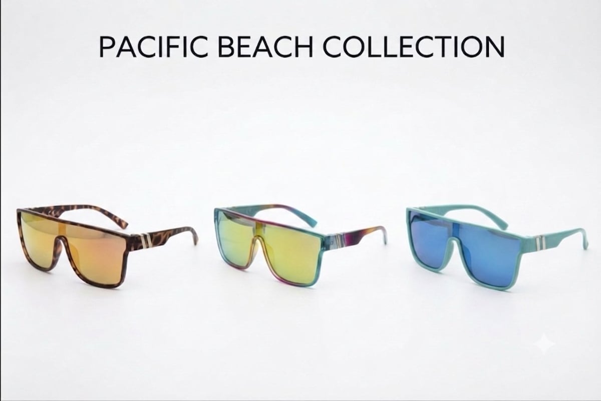 Three colorful sunglasses from the Pacific Beach Collection featuring brown tortoise shell, green-tinted, and blue frames with the Pacific Beach Collection header by TLA Promotions