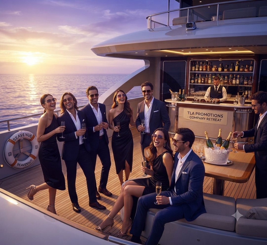Elegantly dressed guests enjoy cocktails at sunset on a luxury yacht with an open bar