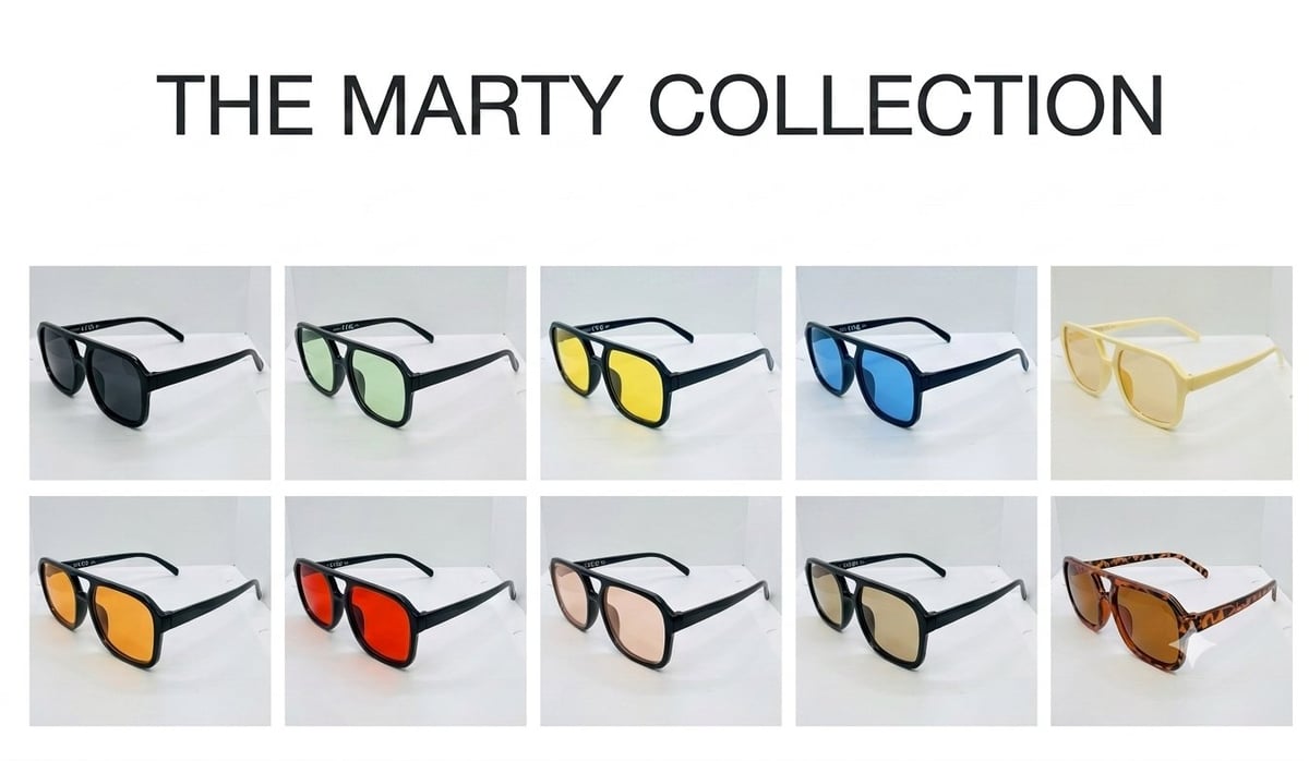 The Marty Collection displaying ten pairs of sunglasses in various frame and lens colors including black, green, yellow, blue, beige, orange, red, and brown by TLA Promotions
