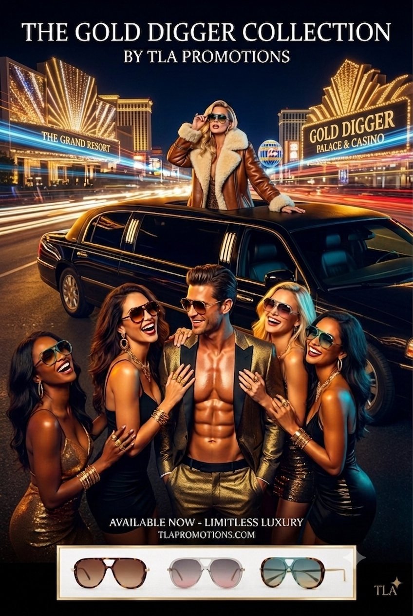 The Gold Digger Collection promotional poster featuring a glamorous group posing with luxury cars and a Las Vegas resort backdrop