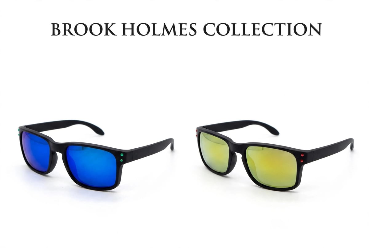 Brook Holmes Collection sunglasses featuring black frames with blue mirrored lenses on left and yellow-green mirrored lenses on right