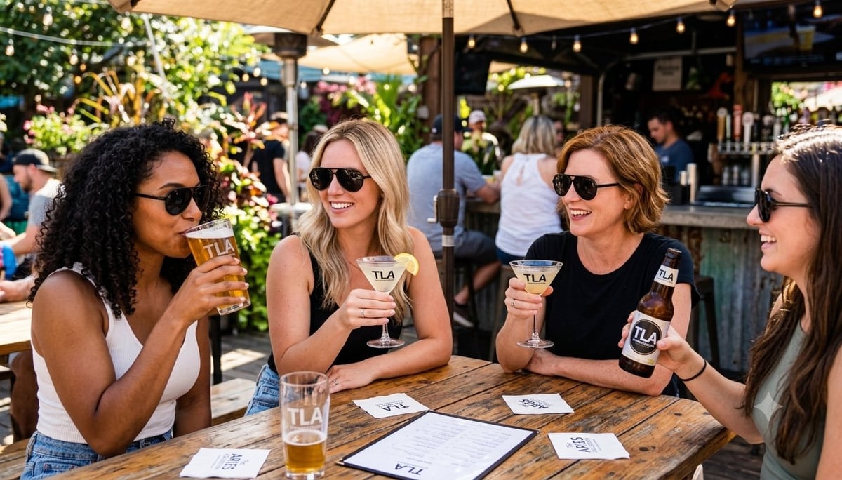 Four women enjoying drinks and conversation at an outdoor table under a tent at what appears to be a casual daytime event