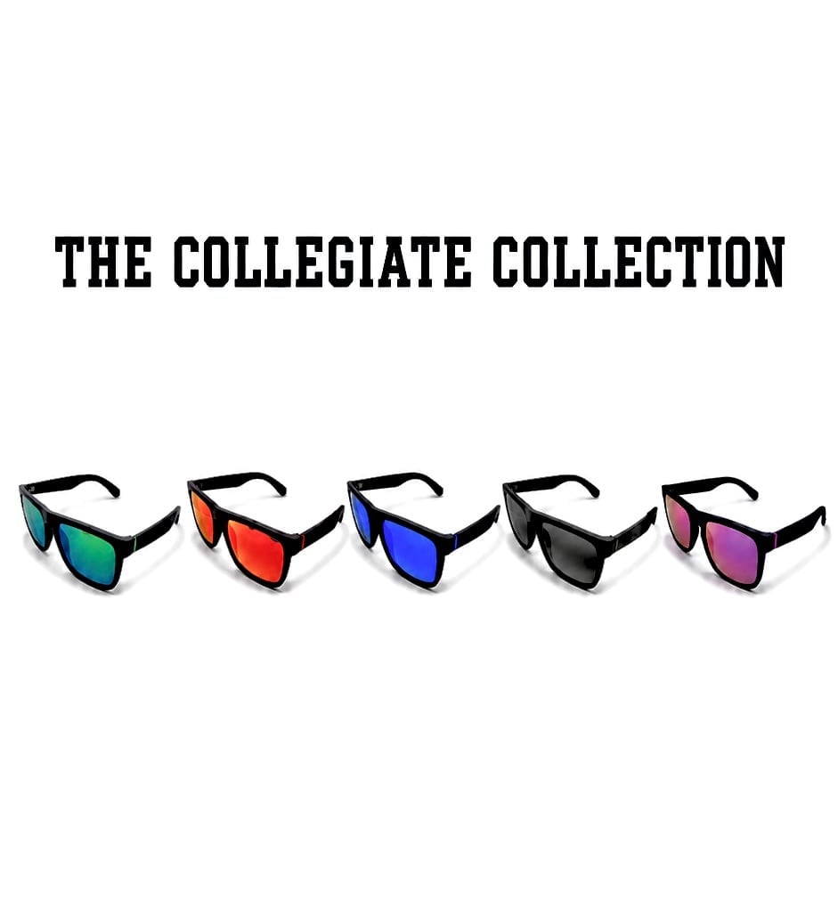 Five colorful sunglasses with black frames displayed in a row labeled The Collegiate Collection