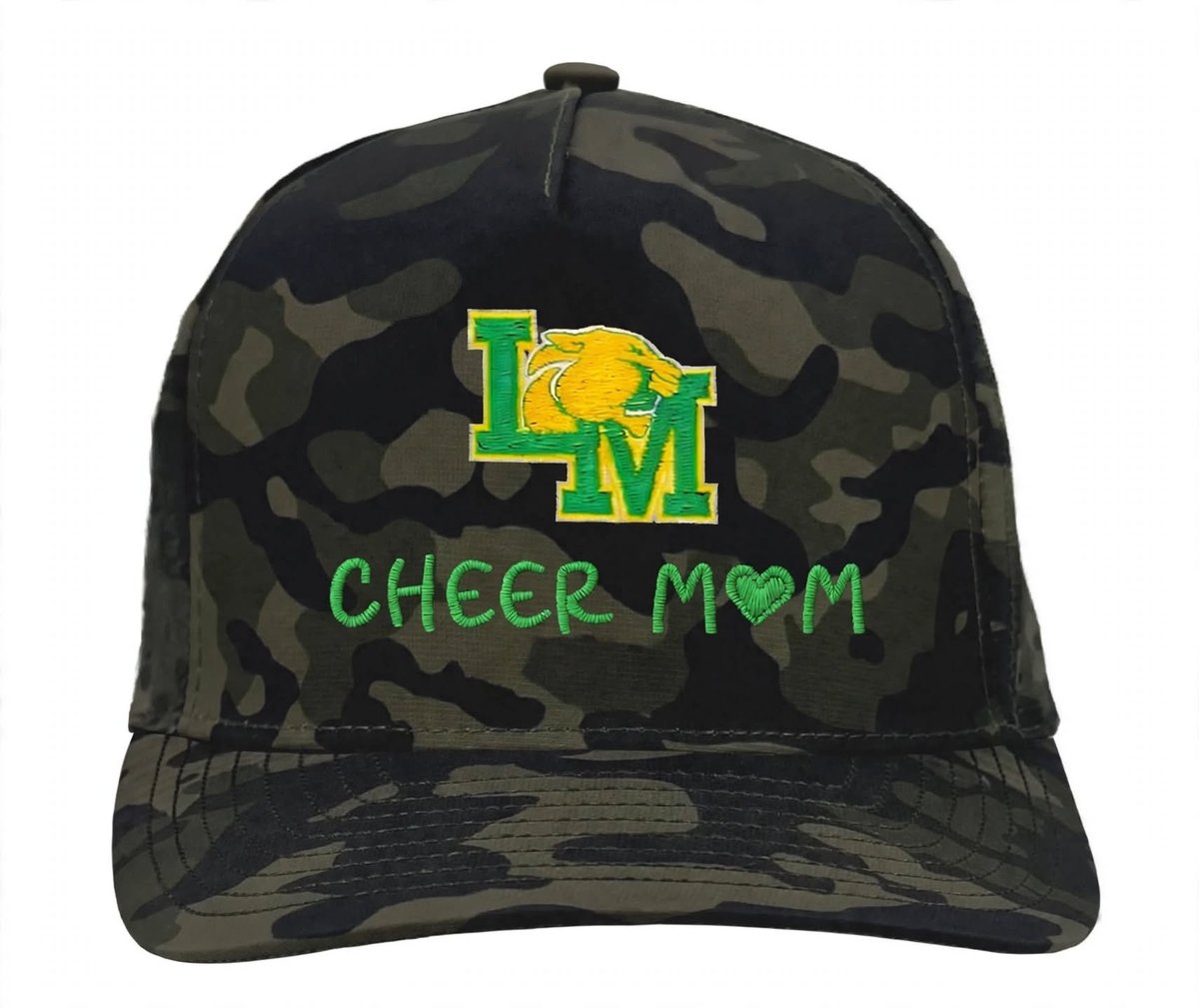 Camouflage baseball cap with green LM logo and yellow cheer mom text embroidered on front