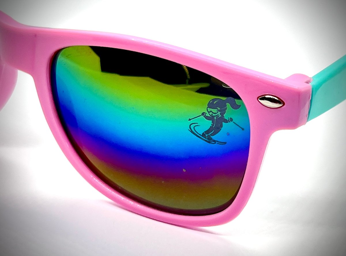 Pink and turquoise sunglasses with rainbow gradient mirrored lenses and cartoon character design