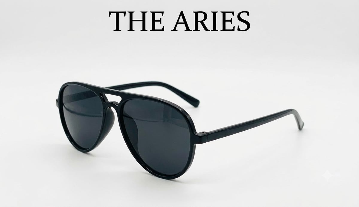 The Aries black aviator sunglasses with dark lenses displayed against a white background by TLA Promotions
