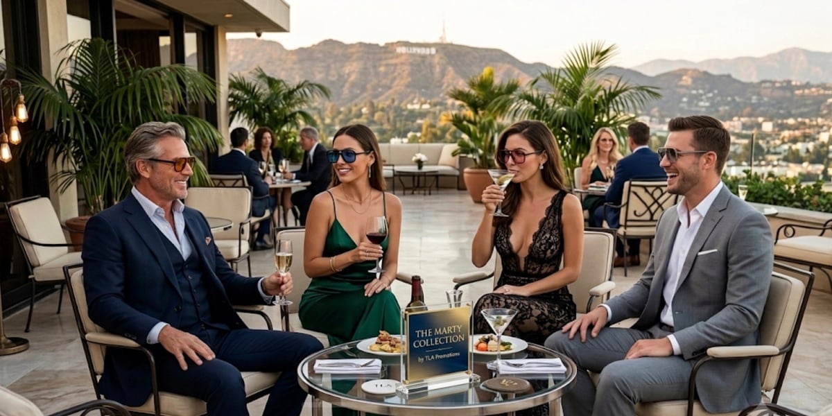 Four elegantly dressed people gathered on a rooftop terrace with a city and hills view, featuring The Marty Collection by TLA Promotions