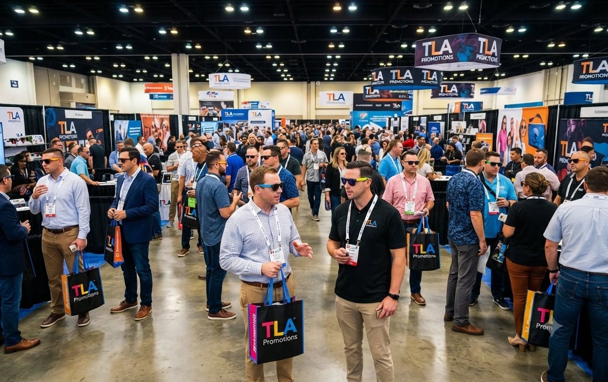 Crowded convention center floor with TLA signage, attendees networking and browsing vendor booths