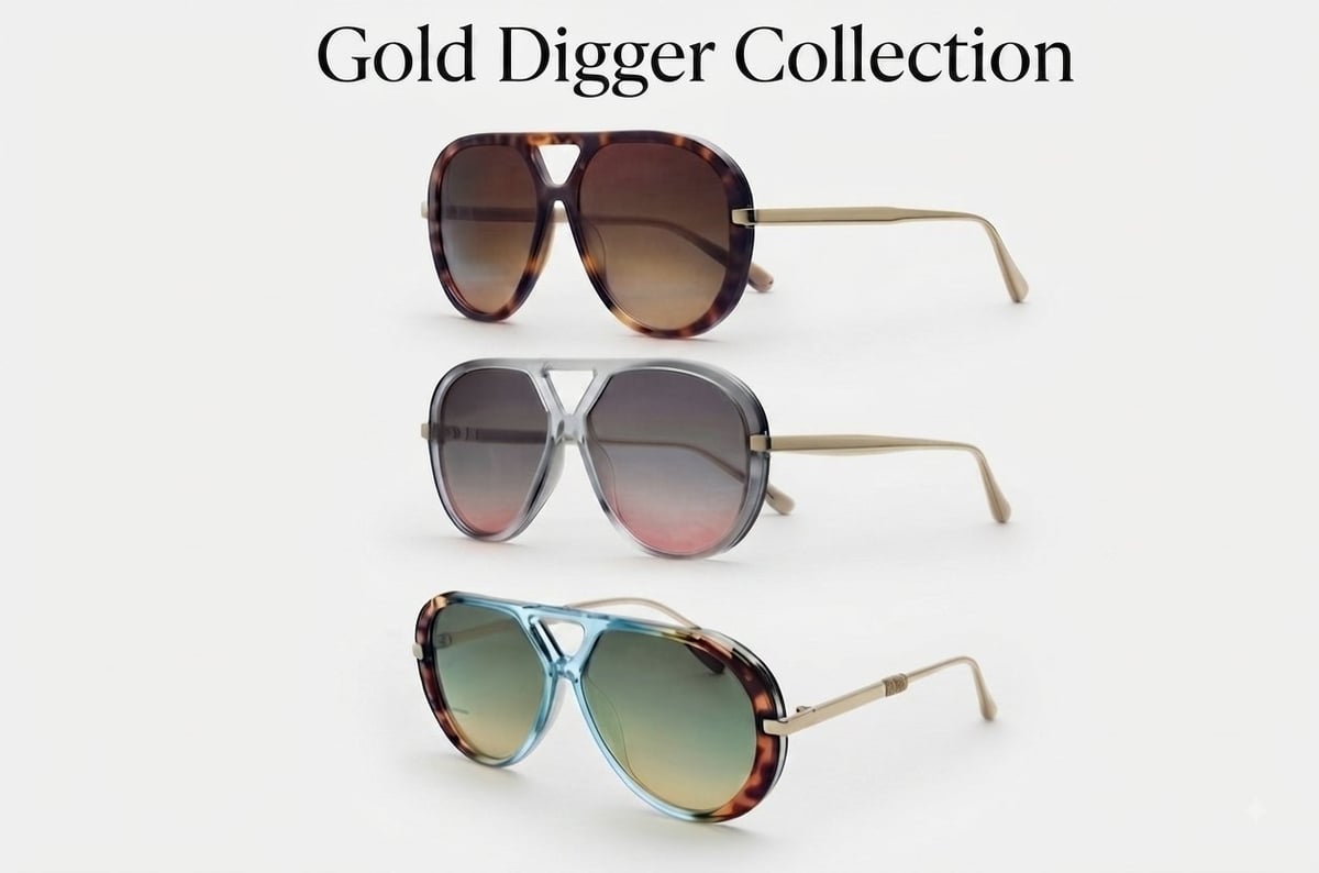 Three pairs of aviator sunglasses from the Gold Digger Collection with brown, pink, and multicolor gradient lenses