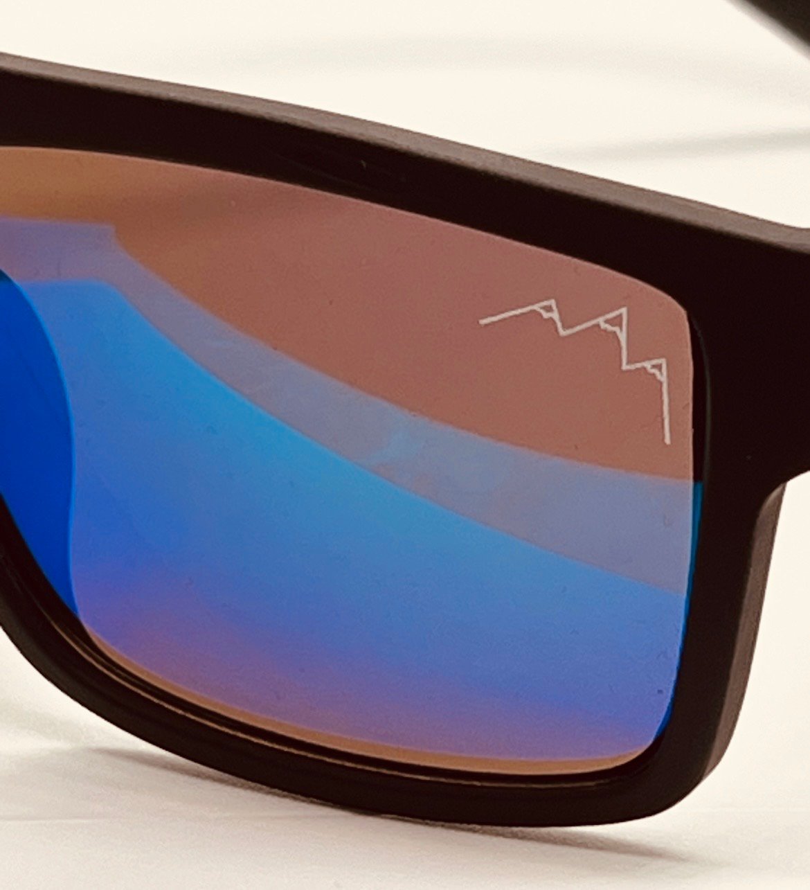Sunglasses with the TLA mountain logo etched on the blue-to-brown gradient lens
