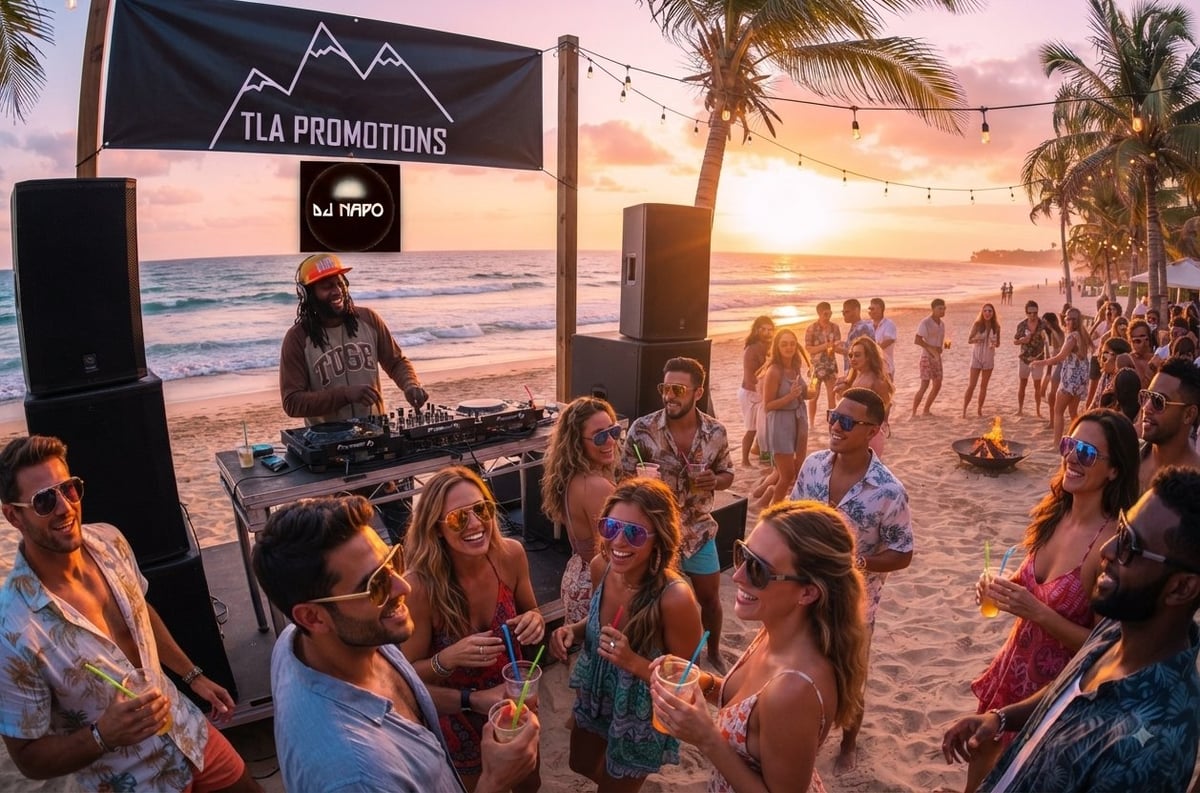 Beach party at sunset with DJ and crowd dancing near ocean, TLA Promotions banner visible