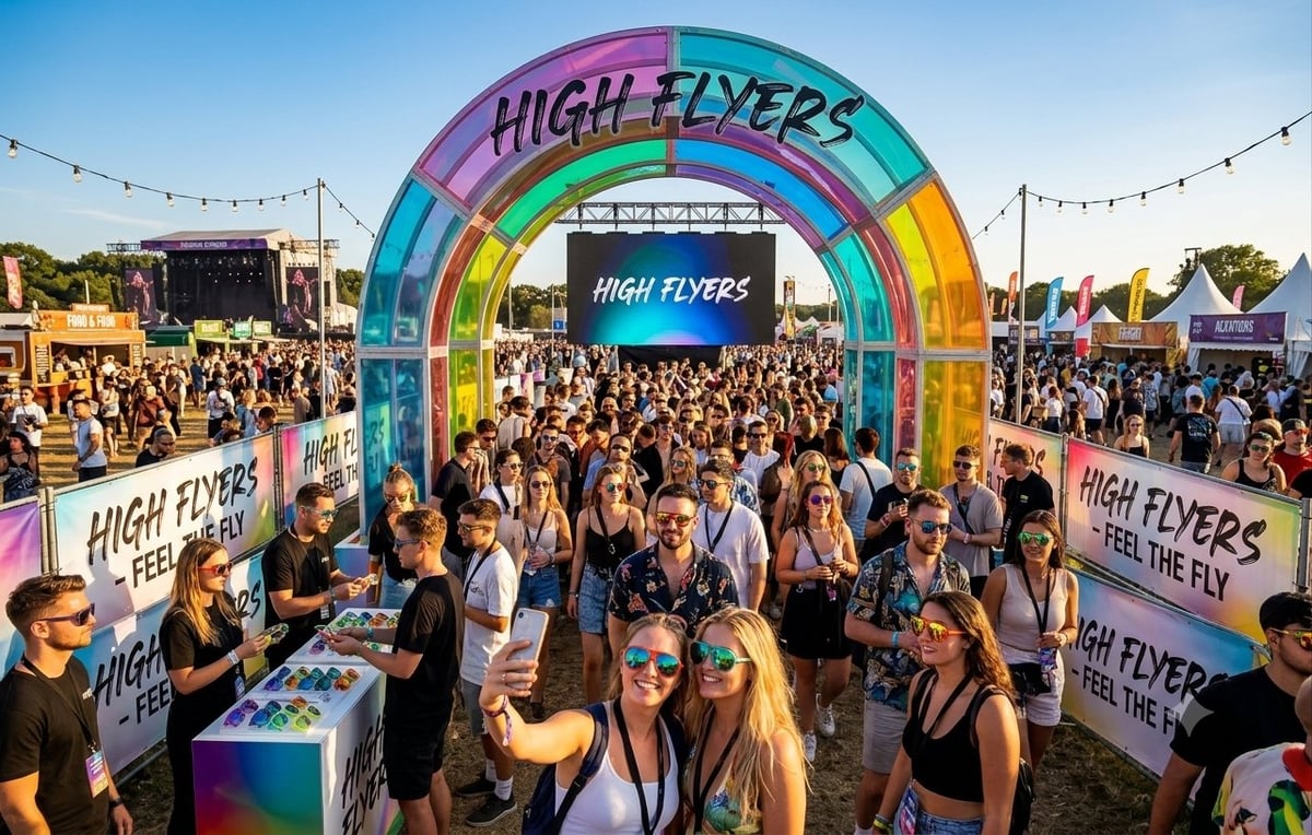 Colorful rainbow arch labeled High Flyers at outdoor music festival with crowds of attendees and vendor booths