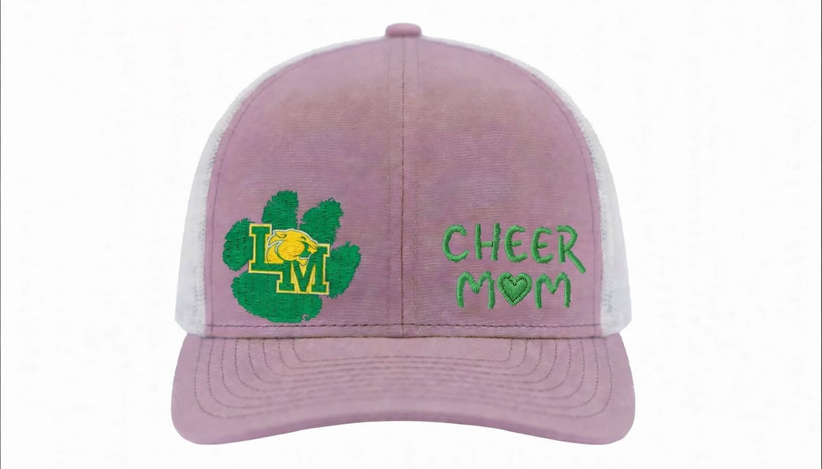 Dusty mauve baseball cap with green cheerleading emblem and CHEER MOM text embroidered on front