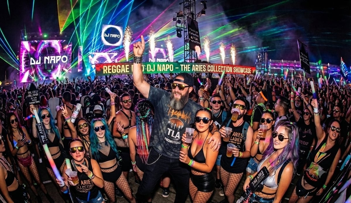 Large crowd of festival attendees dancing at an outdoor music event with colorful stage lighting and neon signs at night