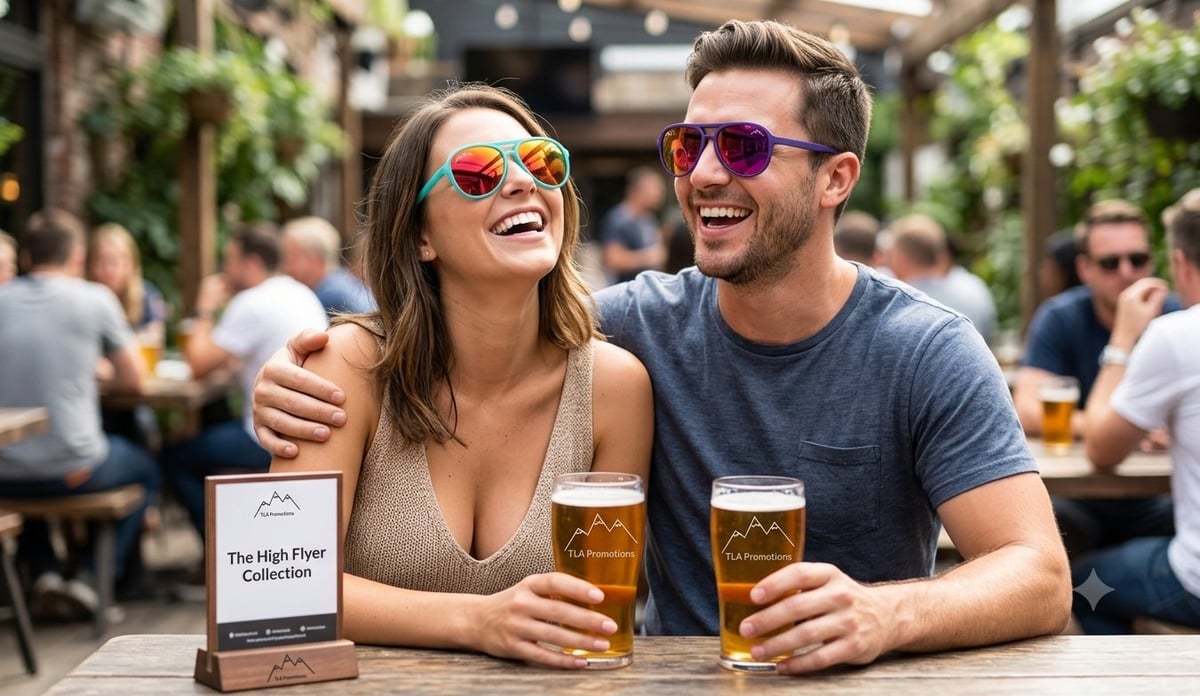 A smiling couple with colorful sunglasses enjoying beers together at an outdoor patio bar surrounded by other patrons, featuring The High Flyer Collection
