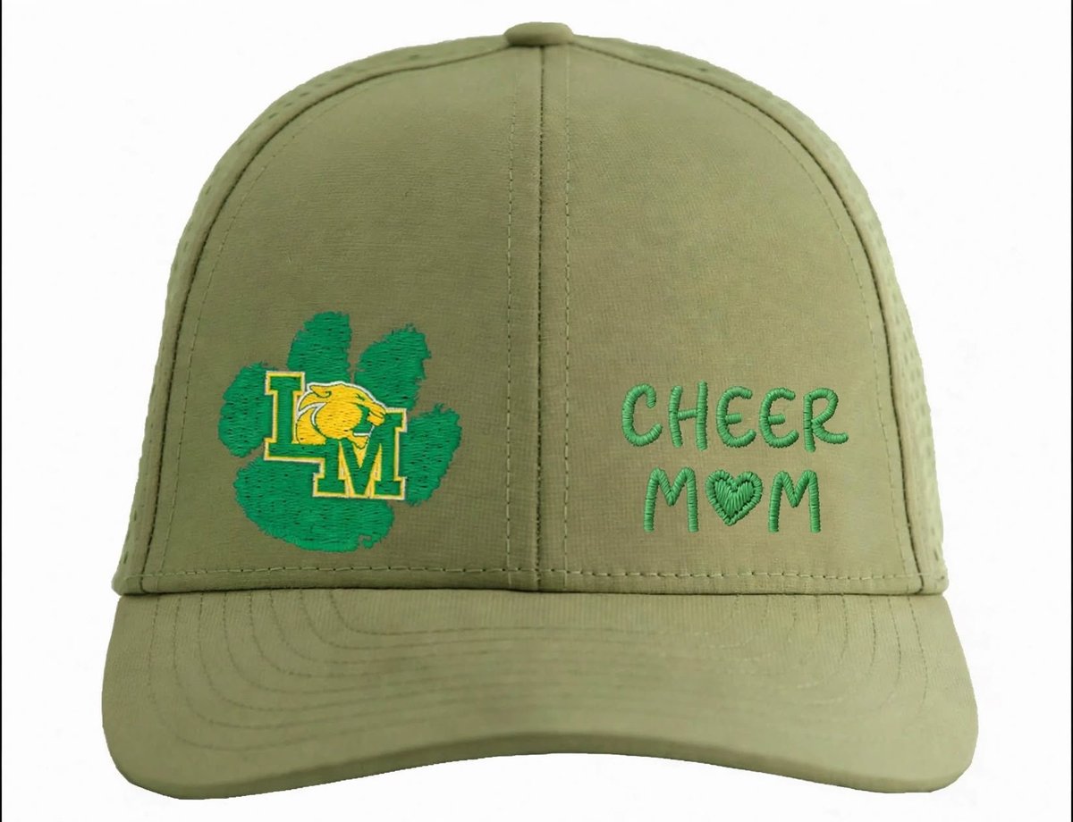 Sage green baseball cap with paw print logo and CHEER MOM text embroidered on front