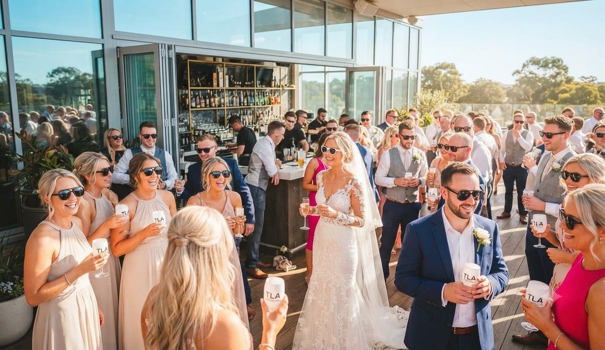 Large outdoor wedding reception with guests mingling on a terrace, featuring a bar and scenic views in the background