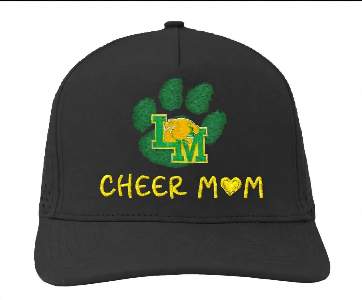 Black baseball cap with green paw print, yellow M logo, and Cheer Mom text with heart design