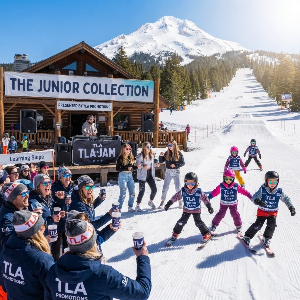 Children taking a ski lesson at The Junior Collection facility with snow-covered Mount Hood and ski slopes in the background, wearing TLA Junior Team gear