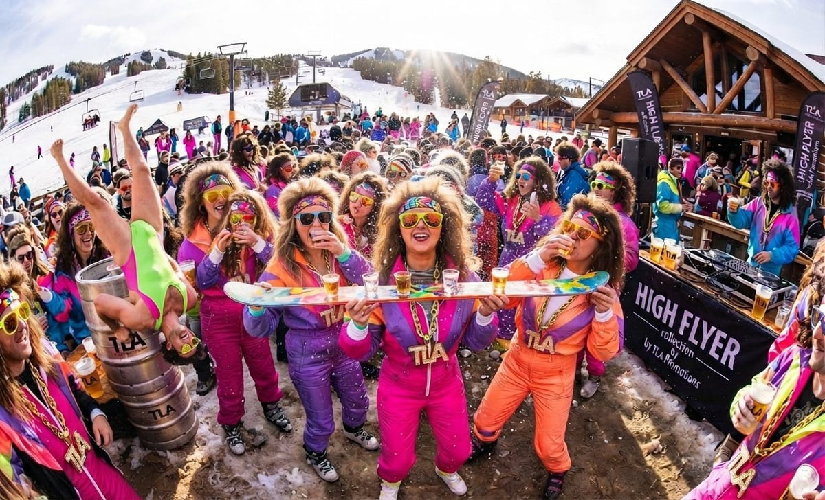 Colorful ski resort crowd wearing bright neon clothing and sunglasses at a snowy mountain festival event