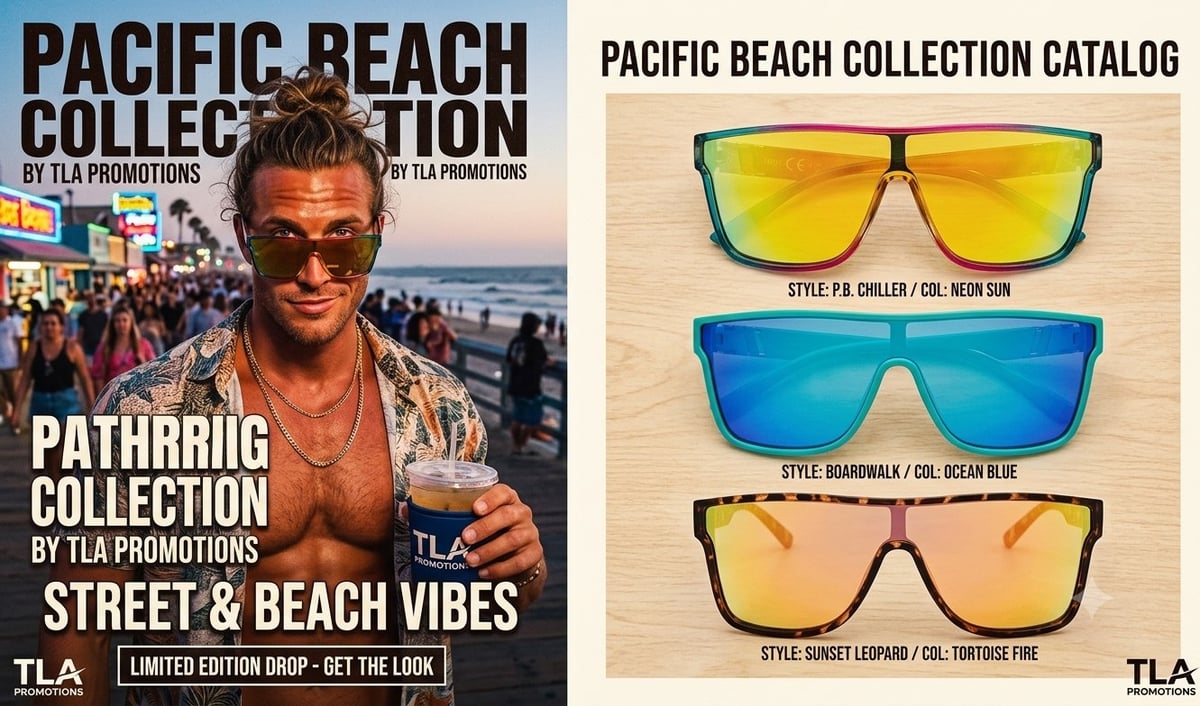 Two promotional images for Pacific Beach Collection: left shows a man at a beach wearing sunglasses and colorful shirt; right displays three pairs of styled sunglasses