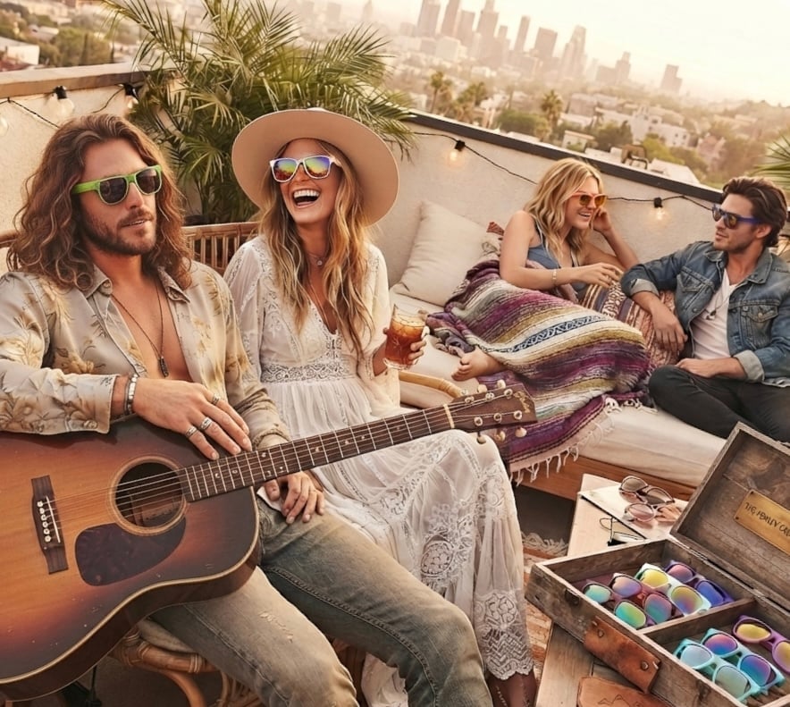 Four friends relaxing on a rooftop with a city skyline view, one holding a guitar, enjoying drinks with a tray of colorful sunglasses on the table