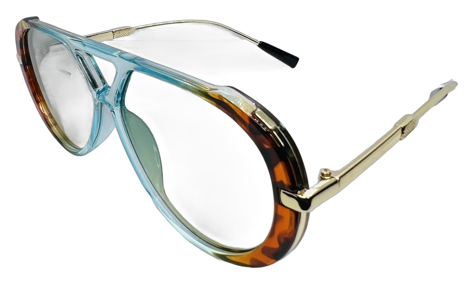 Oversized aviator sunglasses with tortoiseshell and blue frames and gradient green-tinted lenses and gold-toned metal temples