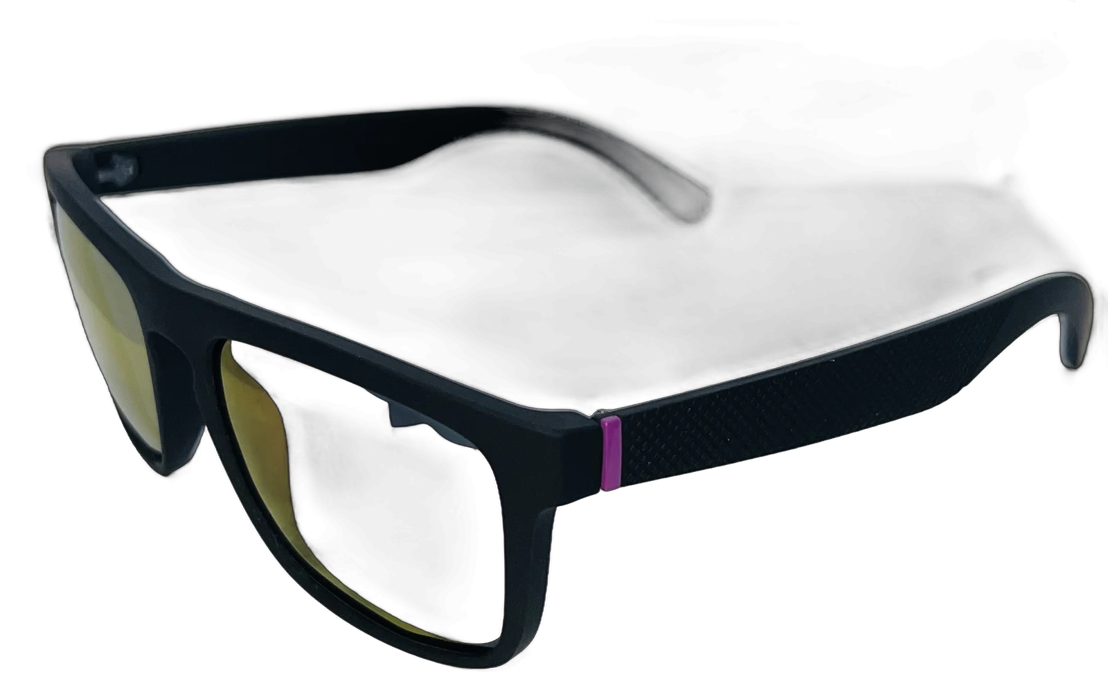 Black framed sunglasses with yellow-tinted lenses and a purple accent detail on the temples against a dark background