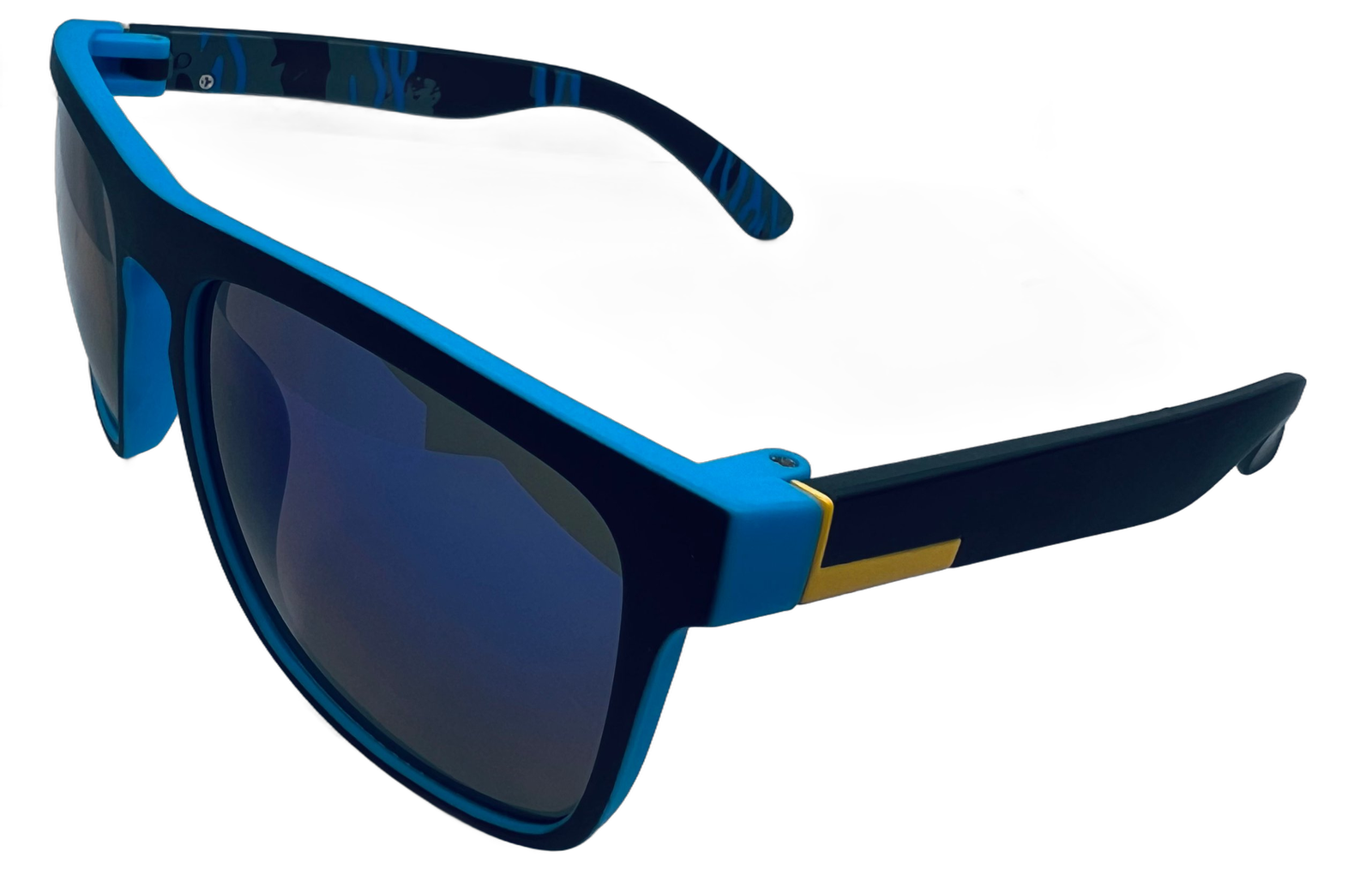 Blue and black wayfarer-style sunglasses with blue mirrored lenses and a yellow Polarized tab on the arm
