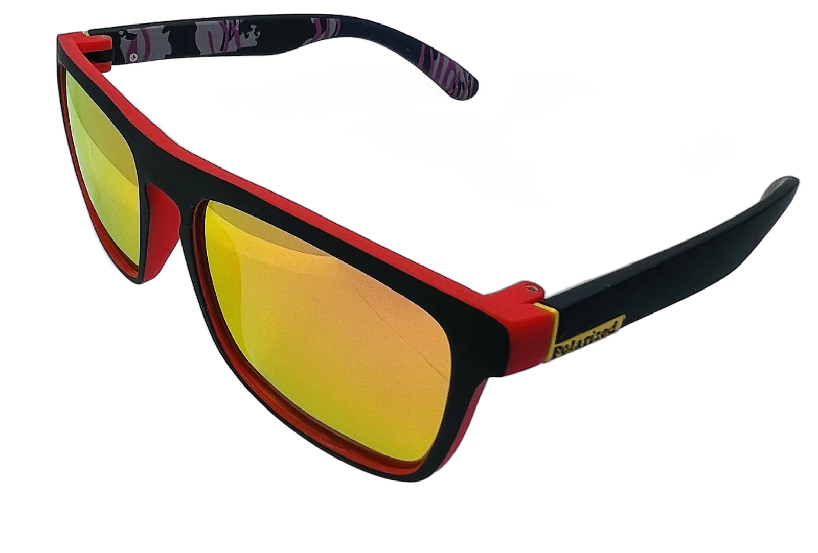 Pair of sports sunglasses with black frames, red trim, and yellow-gold mirrored lenses